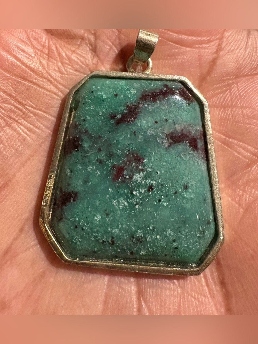Vintage Green Red Natural Stone Pendant Silver Tone Statement